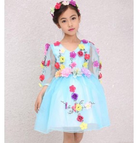 Light blue beige flowers girls children kids  princess stage performance school play  modern dance jazz dance dresses outfits costumes